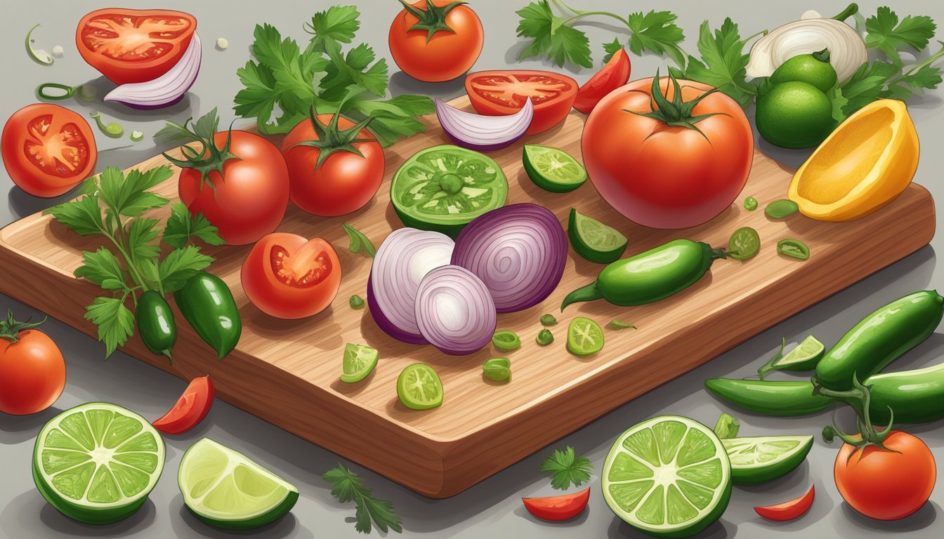 A wooden cutting board with fresh tomatoes, onions, cilantro, jalapenos, and limes, surrounded by a variety of colorful spices and seasonings