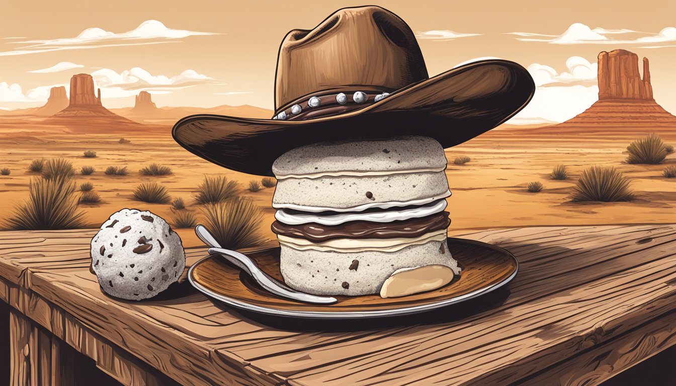 A Texan desert landscape with a cowboy hat and boots, a melting chocolate chip ice cream sandwich on a rustic wooden table