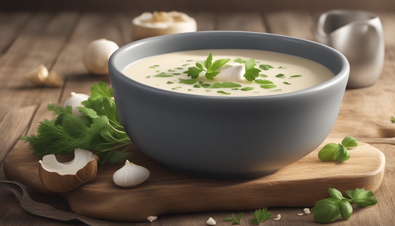 A steaming bowl of creamy sunchoke soup garnished with fresh herbs and a dollop of sour cream sits on a rustic wooden table