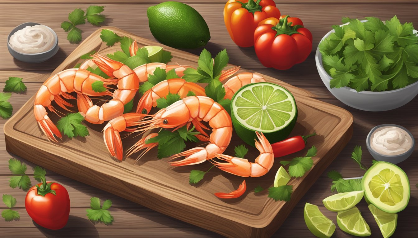 A rustic wooden table with a spread of fresh shrimp, avocado, tomatoes, and lime, surrounded by colorful peppers and cilantro