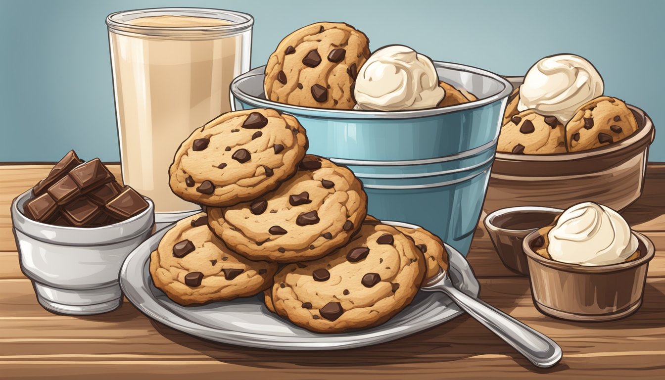 A rustic wooden table with a stack of freshly baked chocolate chip cookies and a tub of creamy Texas-style ice cream