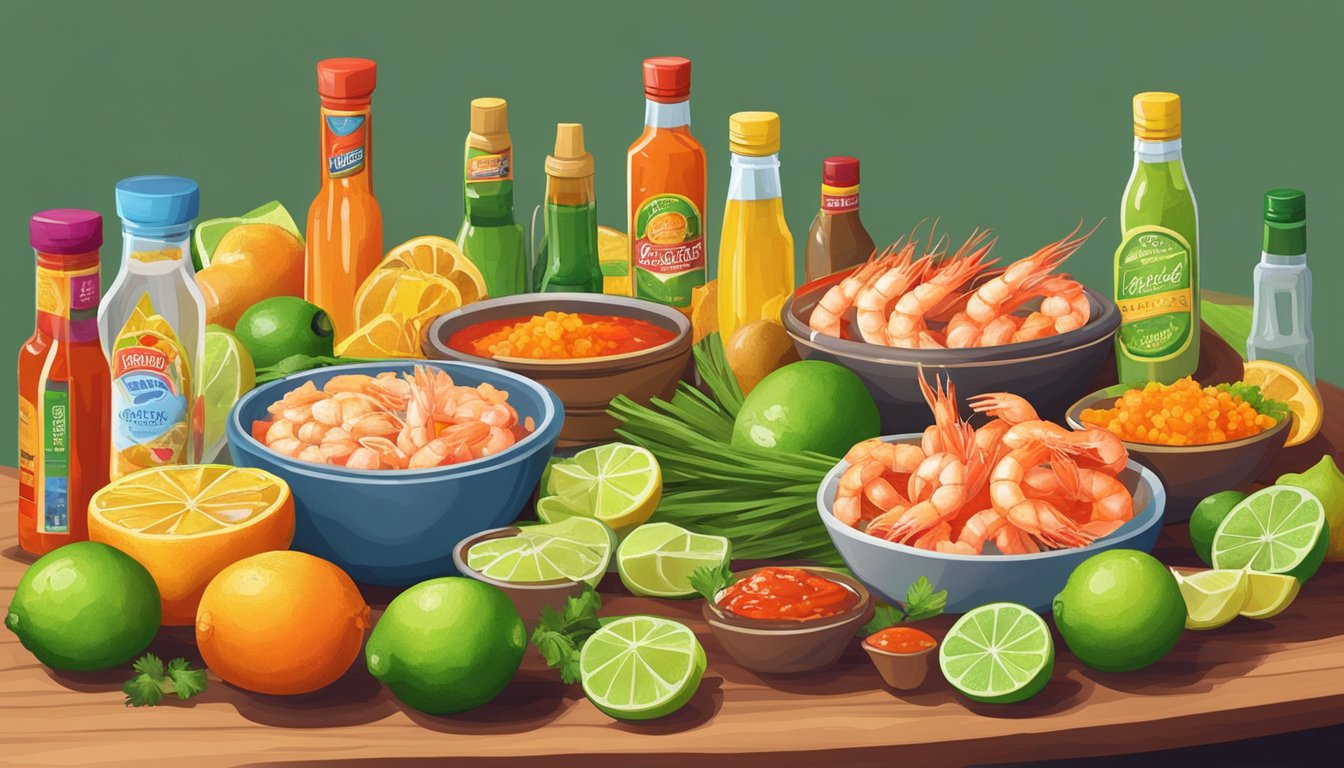 A wooden table with a colorful spread of fresh shrimp, diced vegetables, and citrus fruits, surrounded by bottles of hot sauce and lime wedges