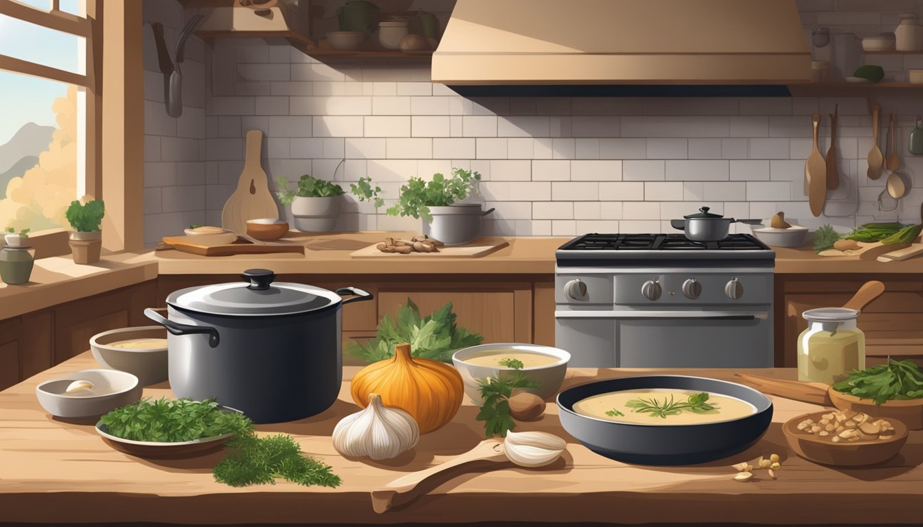 A rustic kitchen with a pot simmering on a stove, filled with sunchoke soup. Ingredients like onions, garlic, and herbs are scattered on the counter