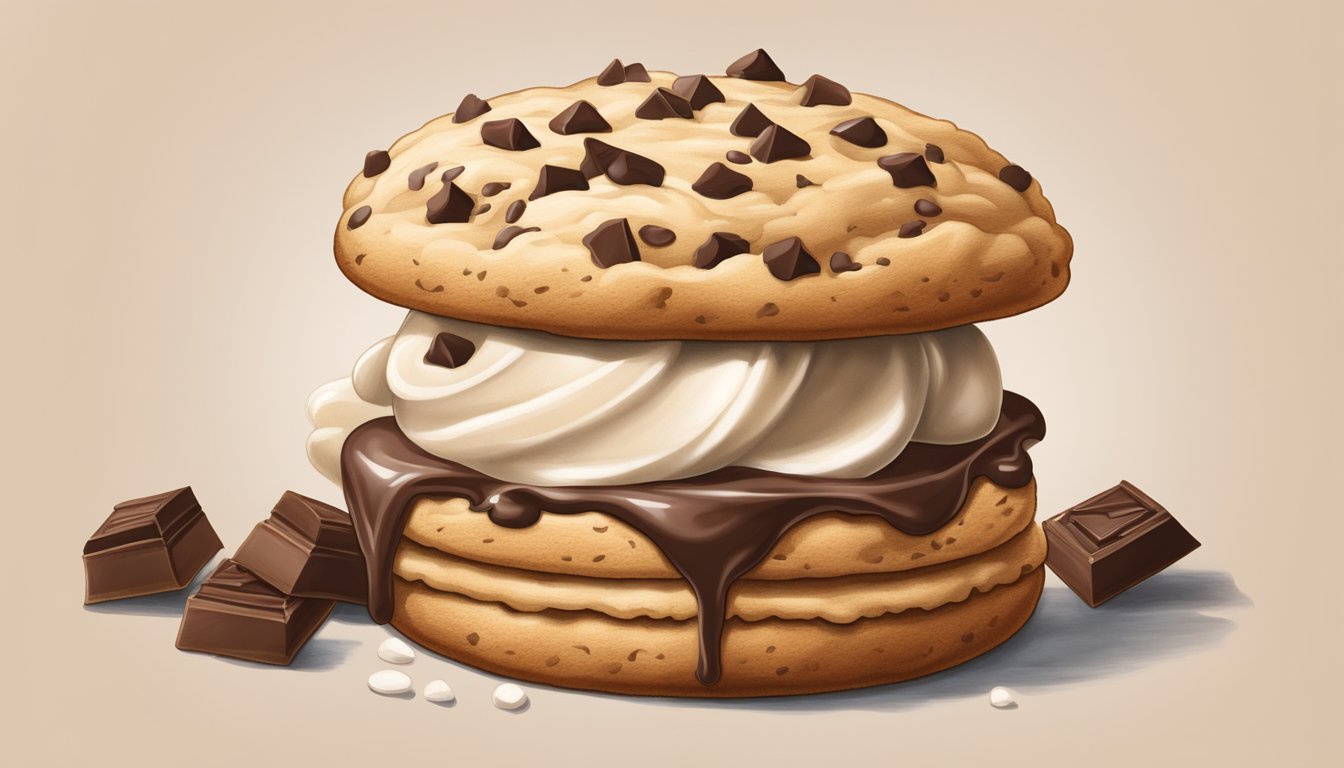 A large scoop of chocolate chip cookie dough ice cream sandwiched between two Texas-style chocolate chip cookies