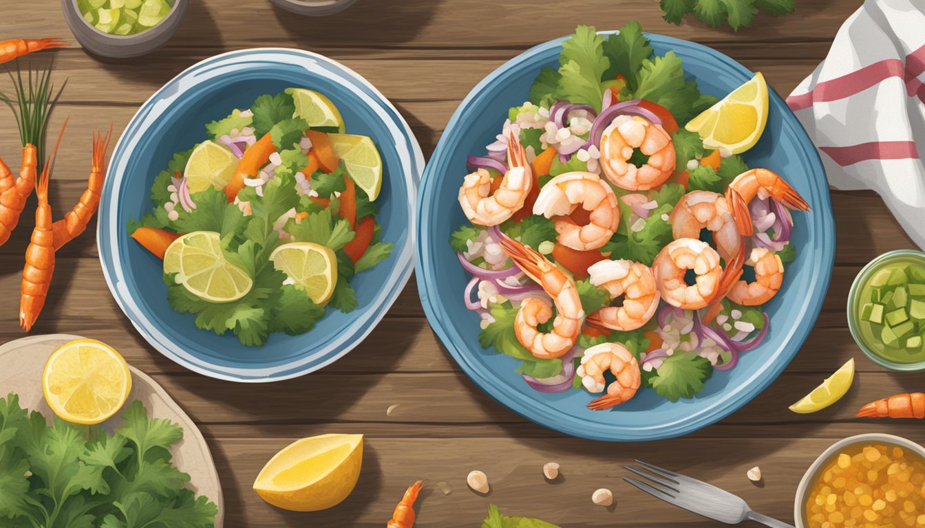 A picnic table set with a colorful array of fresh shrimp, diced vegetables, and a bowl of zesty ceviche marinade, surrounded by a rustic Texas backdrop