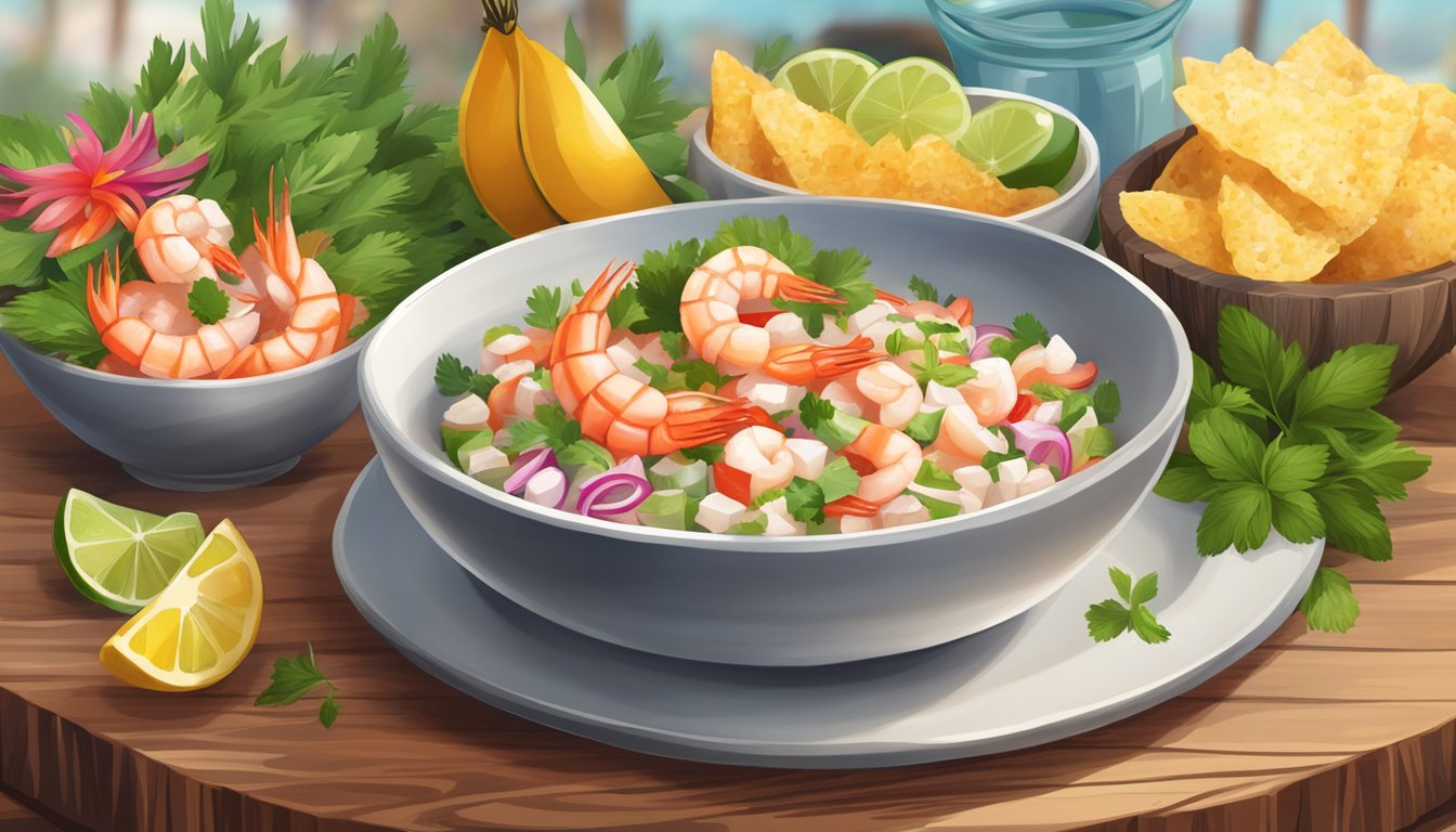 A rustic wooden table set with a bowl of vibrant shrimp ceviche, surrounded by colorful garnishes and fresh herbs