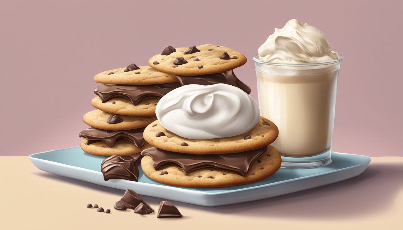 A table covered in freshly baked chocolate chip cookies and scoops of creamy vanilla ice cream being sandwiched together