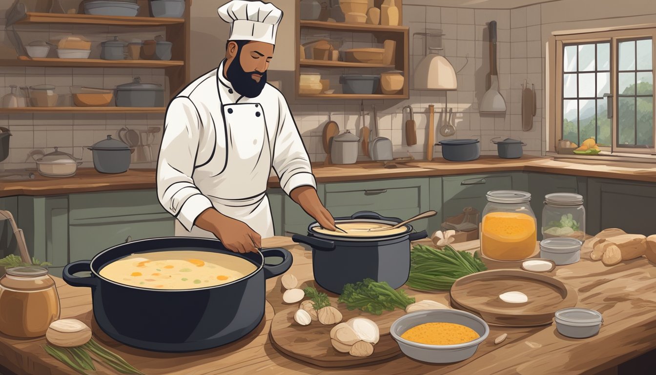 A rustic kitchen with a large pot simmering on a stove, filled with creamy sunchoke soup. A chef stirs the pot with a wooden spoon, surrounded by fresh Texas ingredients