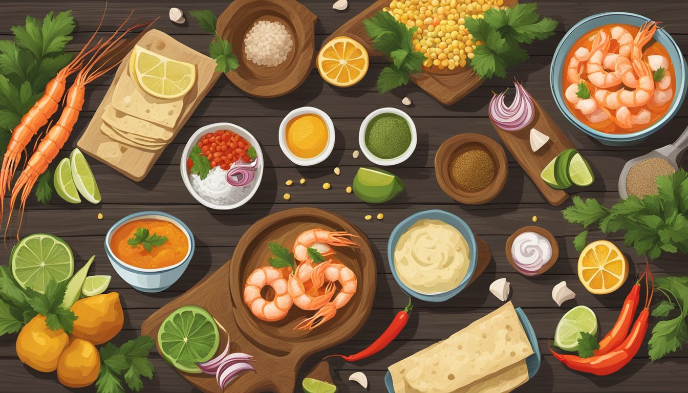 A rustic wooden table set with a colorful array of fresh ingredients and spices, surrounded by Texas-themed decor and a bowl of zesty shrimp ceviche