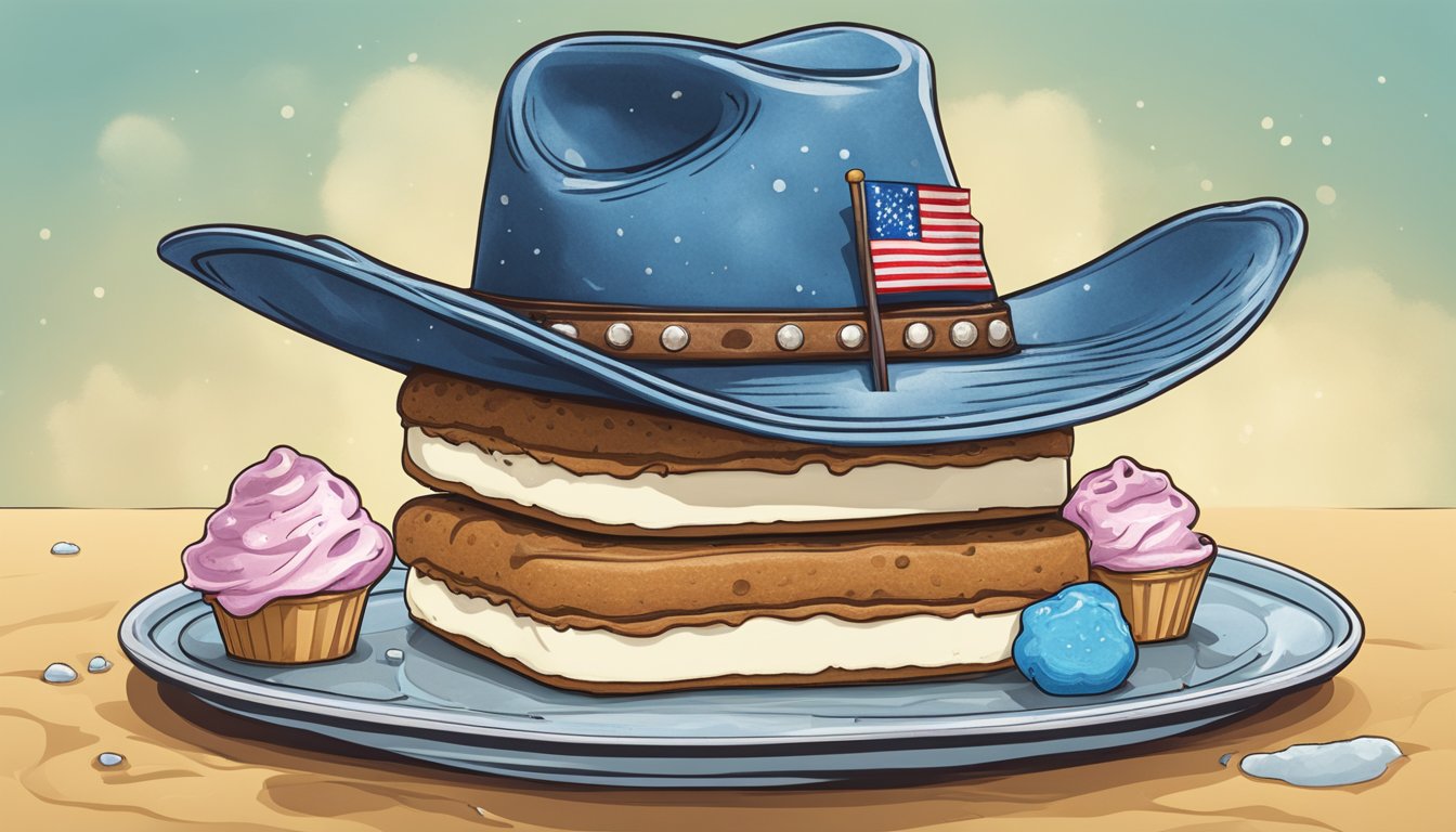 A cowboy hat sits atop a melting ice cream sandwich with a Lone Star flag in the background