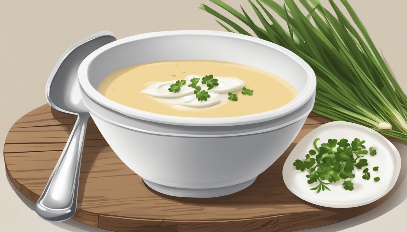 A rustic wooden table set with a bowl of creamy sunchoke soup, garnished with a dollop of sour cream and a sprinkle of fresh chives