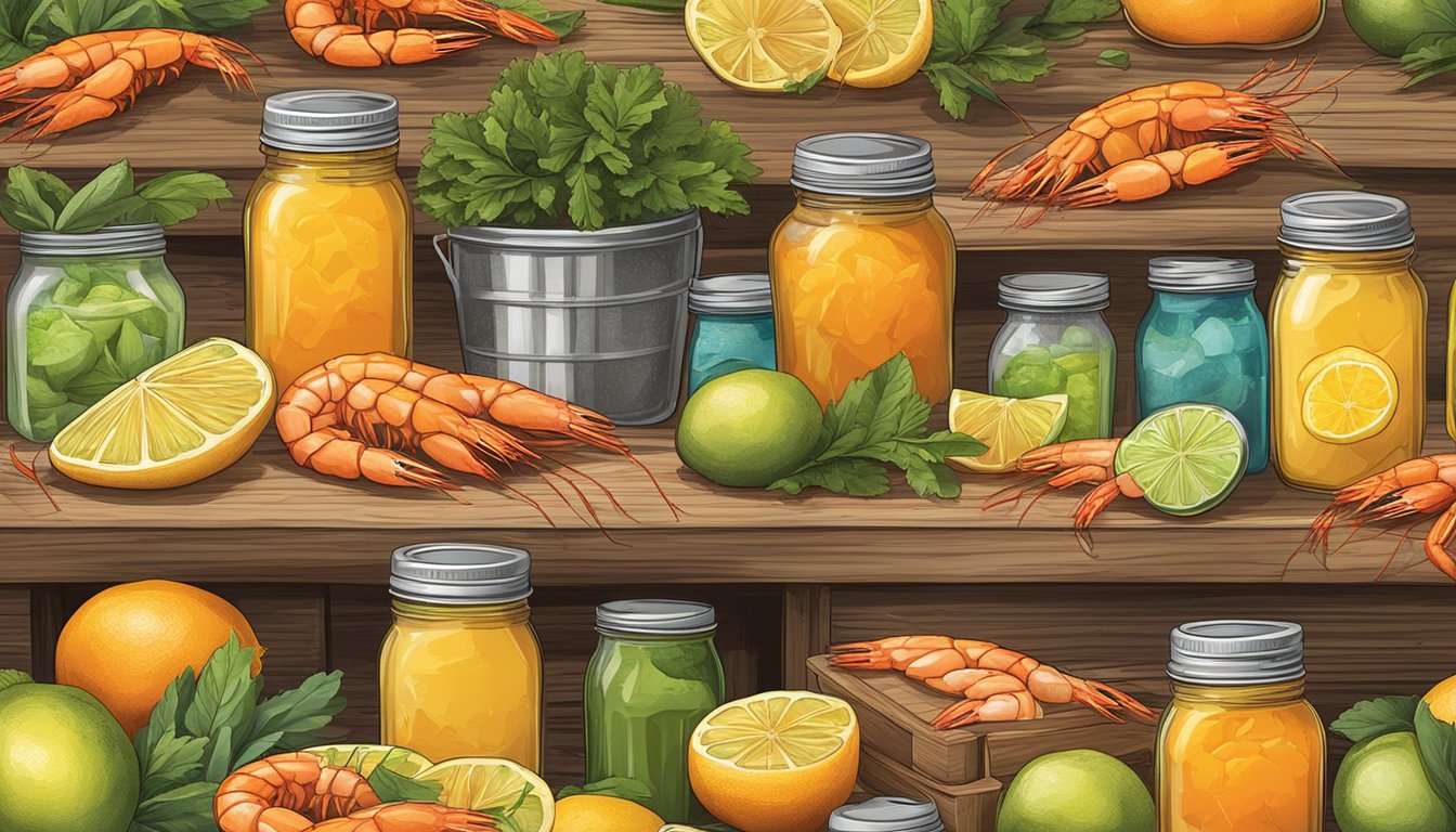 A rustic wooden table with a colorful array of fresh shrimp, diced vegetables, and vibrant citrus juices, surrounded by mason jars and a vintage ice chest