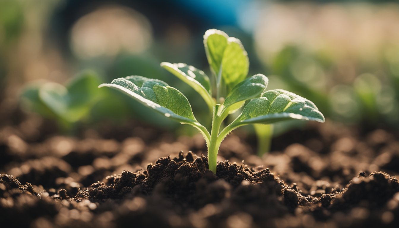 A plant with slightly moist soil, a moisture meter indicating dryness, and a small watering can positioned nearby for gentle, infrequent watering