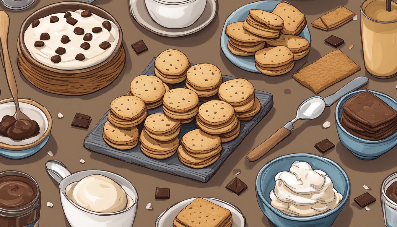 A rustic wooden table displays a stack of homemade chocolate chip ice cream sandwiches with a Texas flair, surrounded by scattered ingredients and utensils