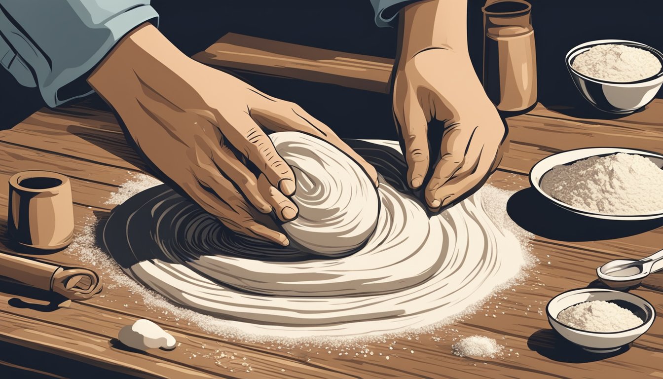 A pair of hands kneading dough on a wooden surface, surrounded by bowls of flour and water, with a rolling pin nearby