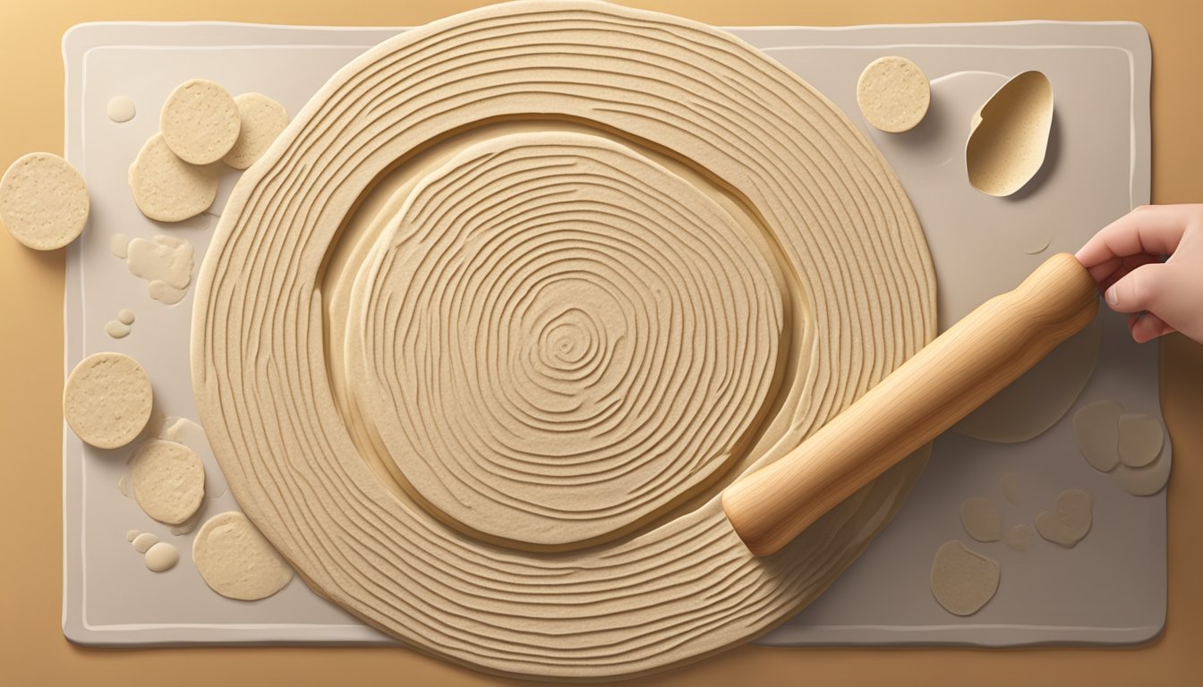 A wooden rolling pin flattening dough on a floured surface, with a knife cutting out circles for fresh tortillas