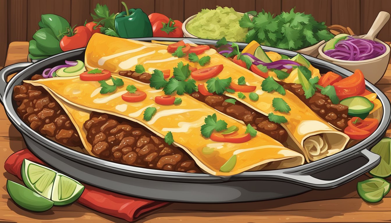 A sizzling skillet of beef enchiladas with spicy homemade sauce, surrounded by colorful garnishes and served on a rustic Texas-themed platter