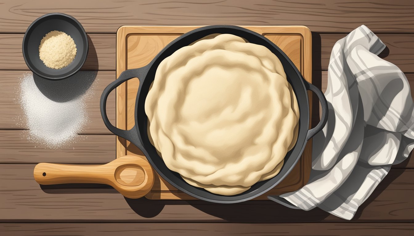 A rustic kitchen with a wooden rolling pin, a bowl of masa dough, and a cast iron comal on a stovetop