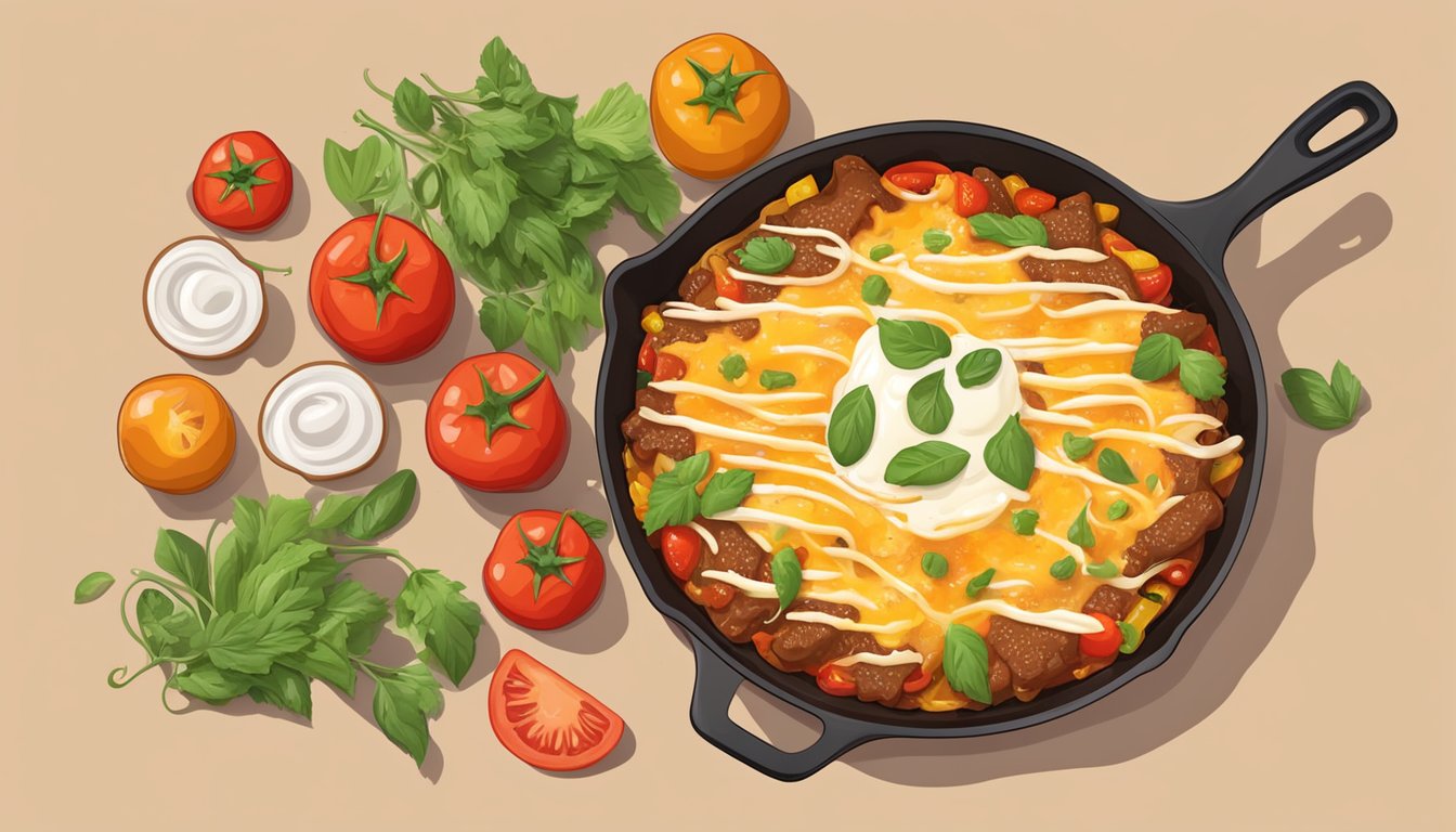 A sizzling skillet of beef enchiladas topped with melted cheese and homemade sauce, surrounded by vibrant peppers and tomatoes