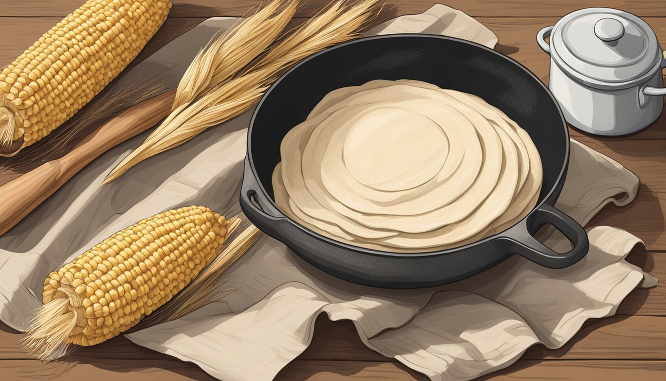 A rustic kitchen with a wooden rolling pin, a bowl of masa dough, and a cast iron comal on a stovetop. Corn husks and a bag of masa sit on the counter