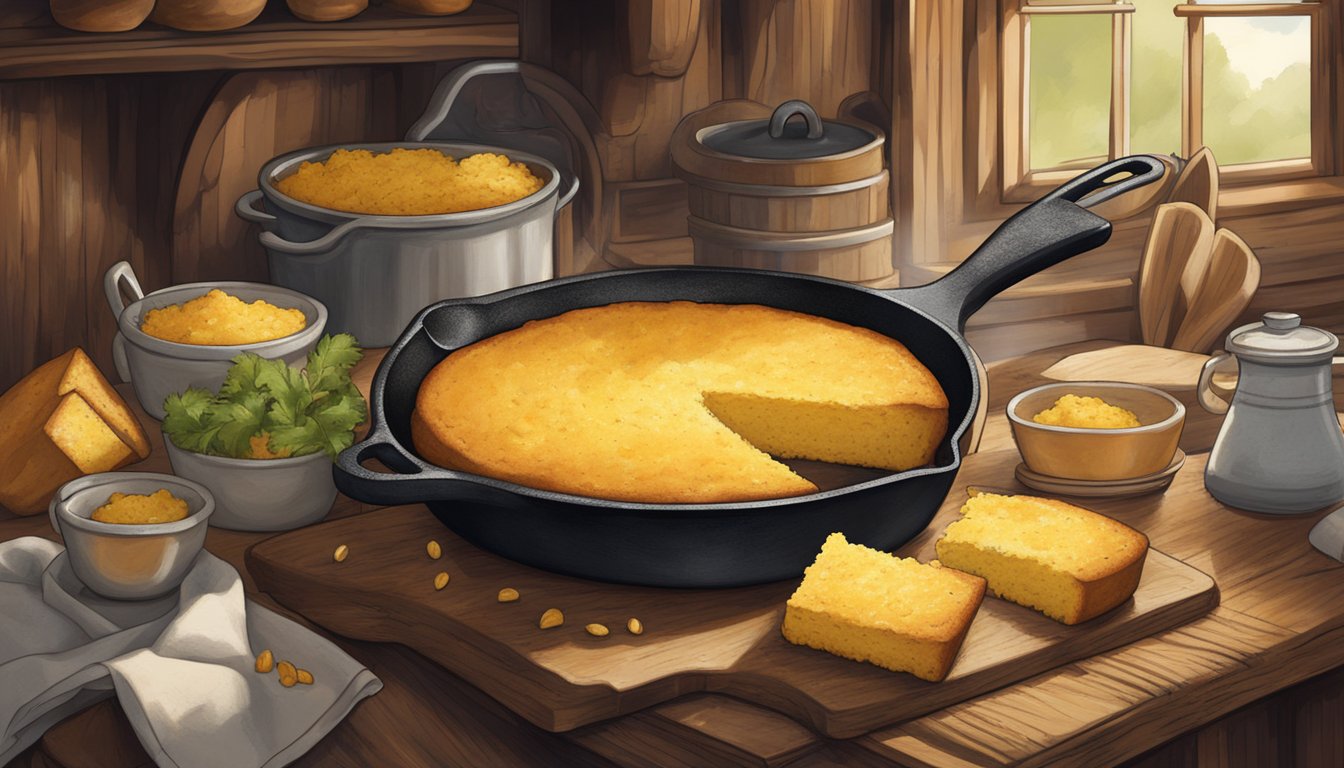 A cast iron skillet filled with golden, crumbly cornbread, surrounded by the rustic charm of a Texas kitchen