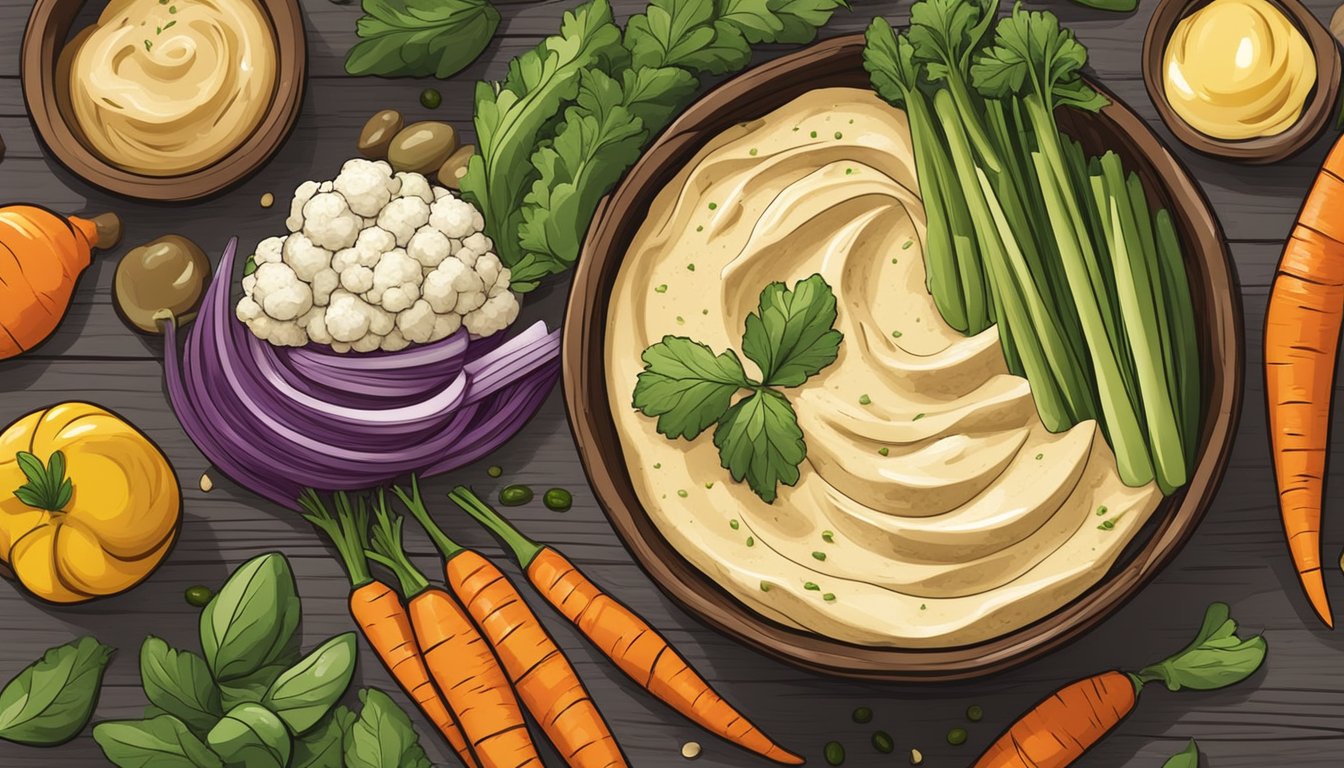 A rustic wooden table with a bowl of creamy cauliflower hummus surrounded by colorful vegetables and a drizzle of olive oil