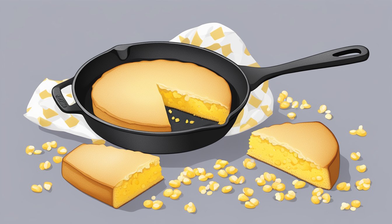 A cast iron skillet filled with freshly baked Texas-style soft cornbread, surrounded by scattered corn kernels and a dollop of melted butter