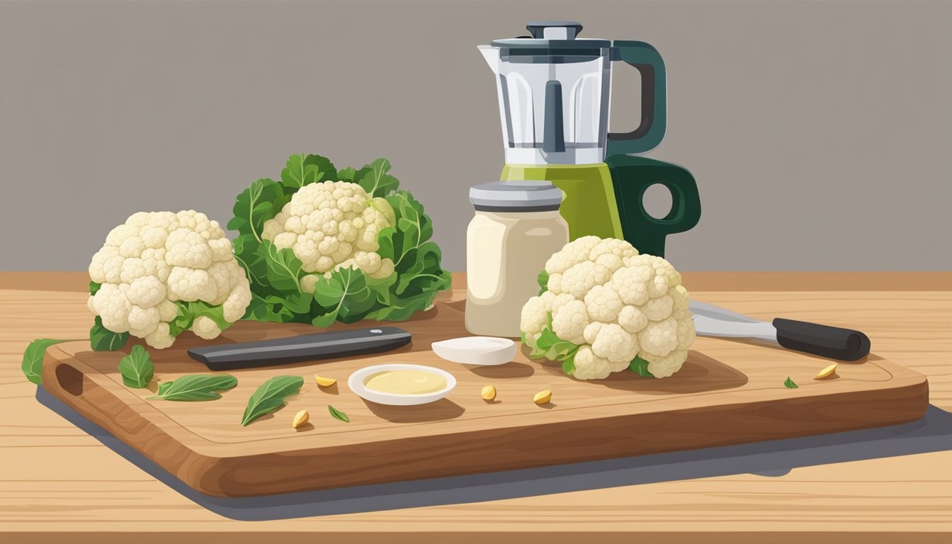 A wooden cutting board with cauliflower, tahini, olive oil, and spices arranged next to a food processor