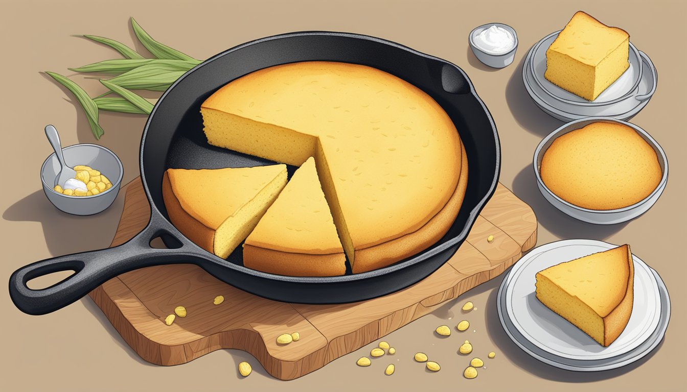 A cast iron skillet filled with freshly baked Texas-style soft cornbread