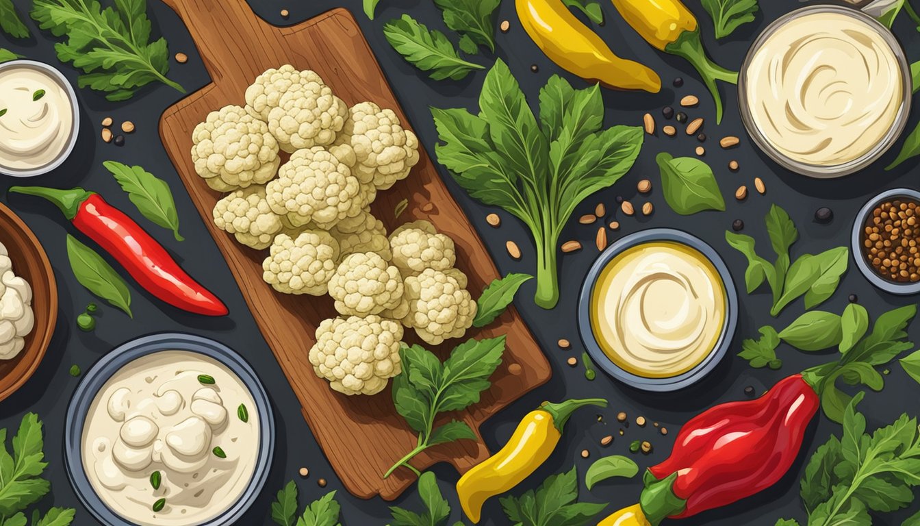 A rustic wooden table with a spread of fresh cauliflower, tahini, olive oil, and Texan spices, surrounded by vibrant green herbs and colorful chili peppers