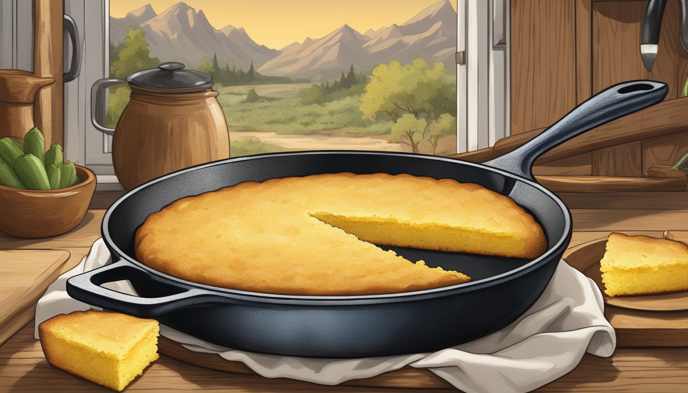 A cast iron skillet filled with golden, crumbly cornbread, surrounded by a rustic kitchen backdrop with a Texas flair