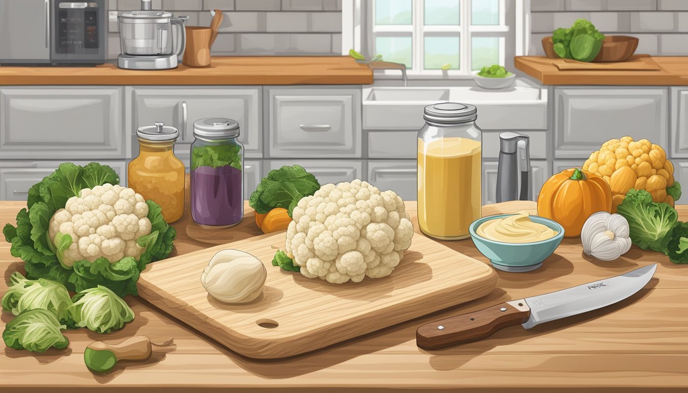 A rustic kitchen scene with a wooden cutting board, knife, food processor, and ingredients for Texas-style cauliflower hummus