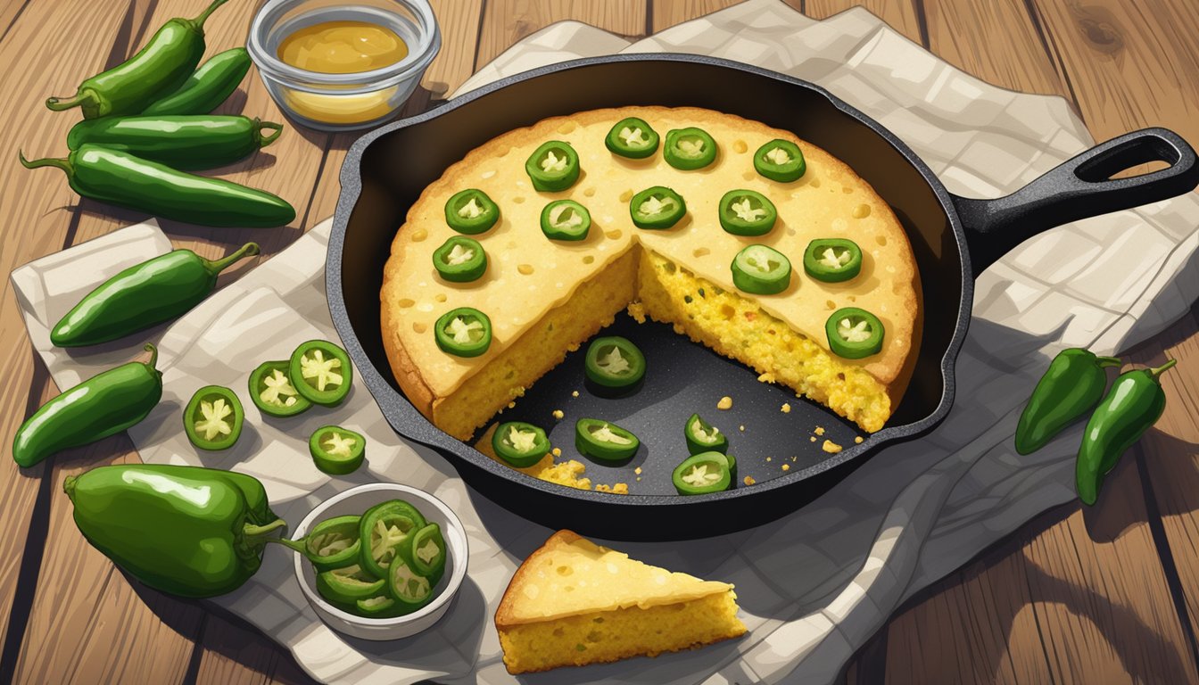 A cast-iron skillet filled with golden, crumbly cornbread, topped with melted butter and fresh jalapenos, sitting on a rustic wooden table