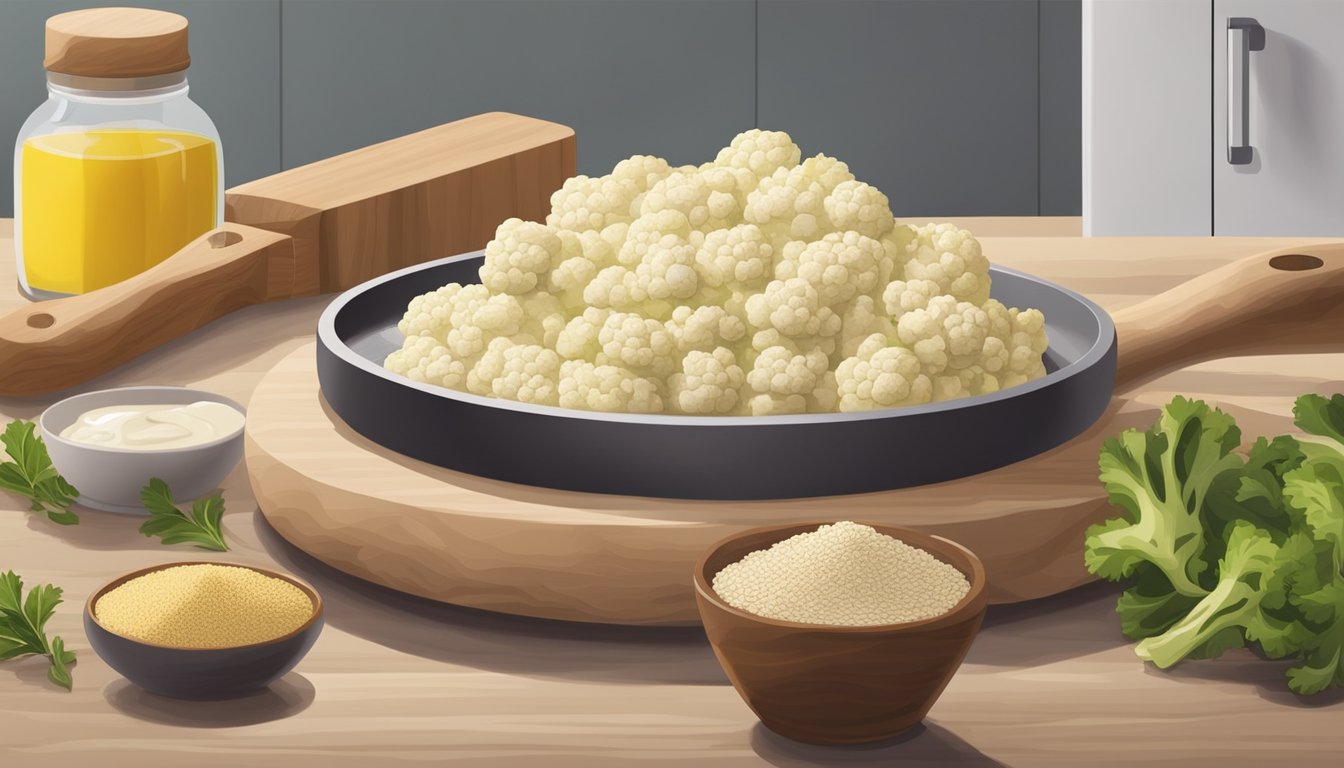 A wooden cutting board with chopped cauliflower, tahini, olive oil, and spices arranged next to a food processor