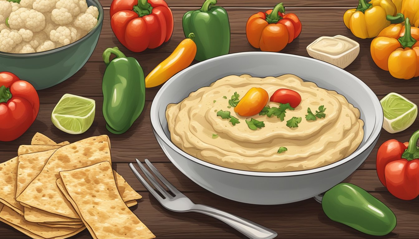 A rustic wooden table with a bowl of cauliflower hummus, surrounded by colorful peppers, tomatoes, and tortilla chips