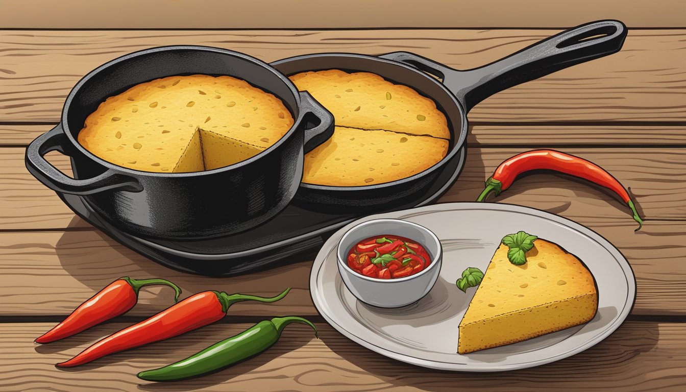 A cast iron skillet with freshly baked cornbread next to a pot of chili on a rustic wooden table