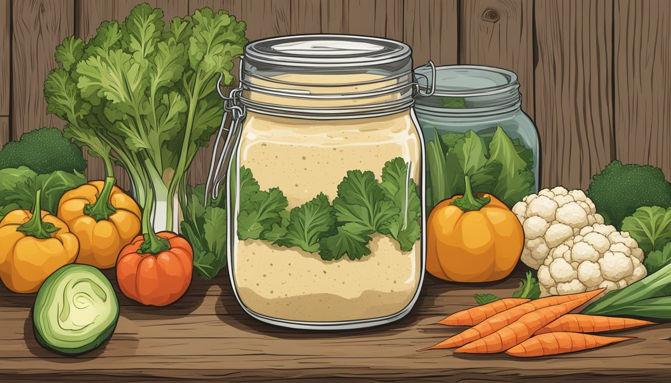 A mason jar filled with Texas style cauliflower hummus sits on a rustic wooden shelf, surrounded by fresh vegetables and herbs