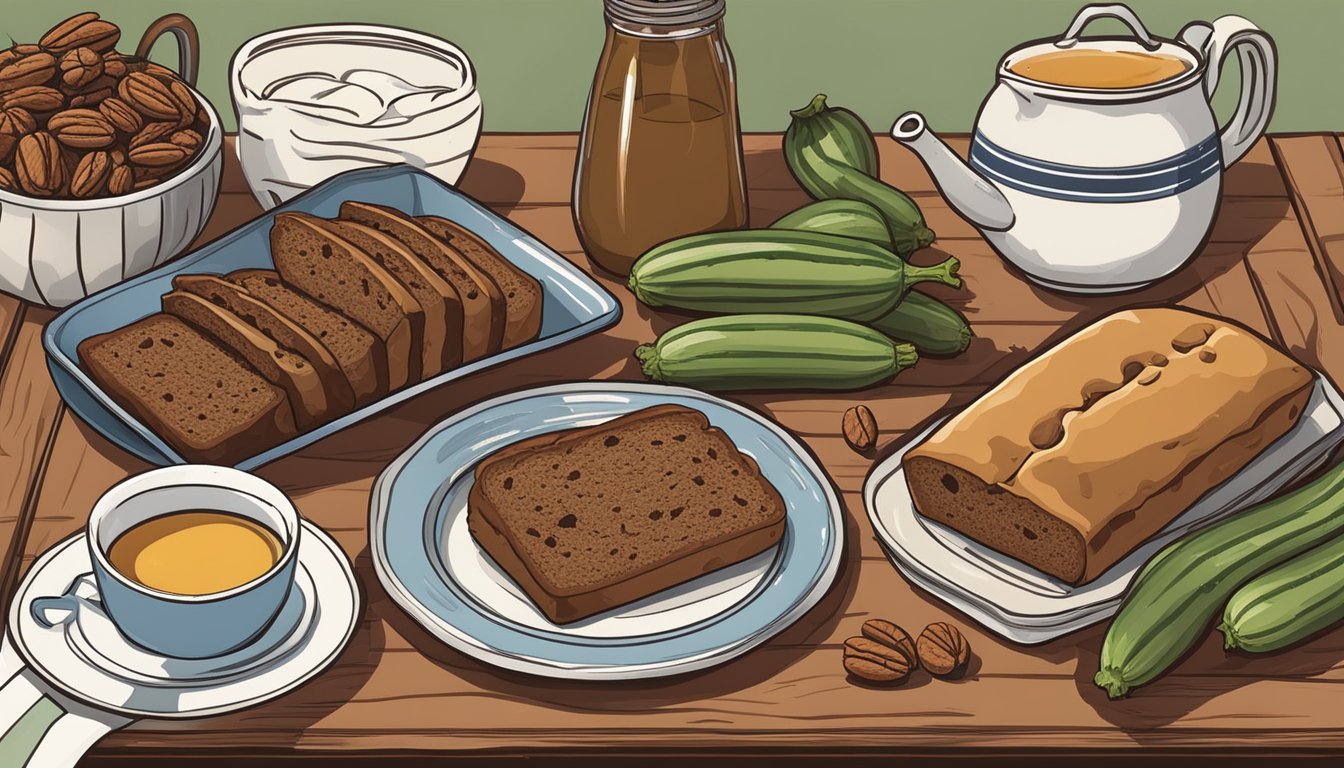 A rustic kitchen table with a loaf of chocolate zucchini bread surrounded by Texas-inspired ingredients like pecans, cinnamon, and a drizzle of honey