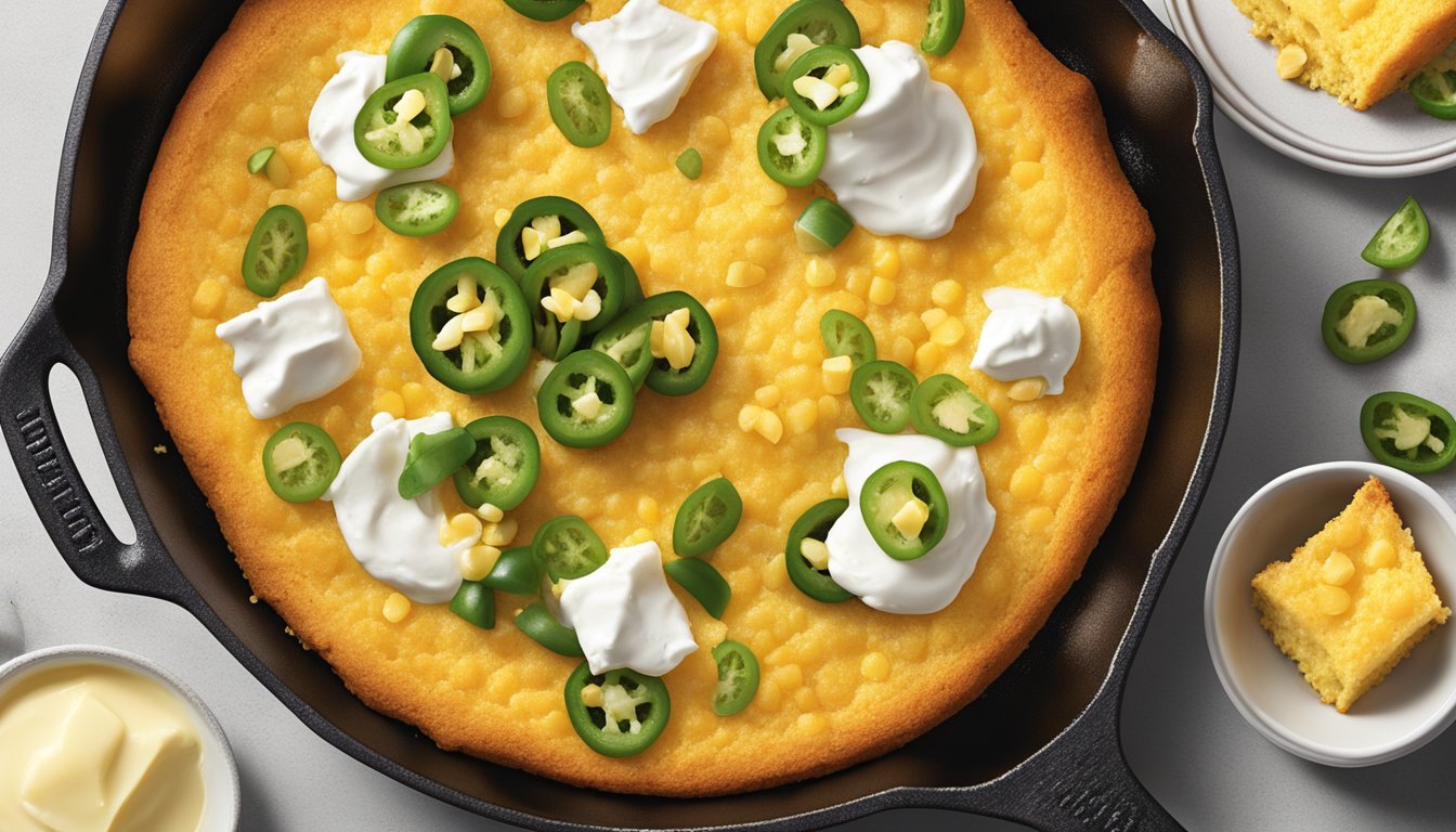 A cast iron skillet filled with golden, crumbly cornbread, surrounded by fresh corn, jalapenos, and a dollop of creamy butter