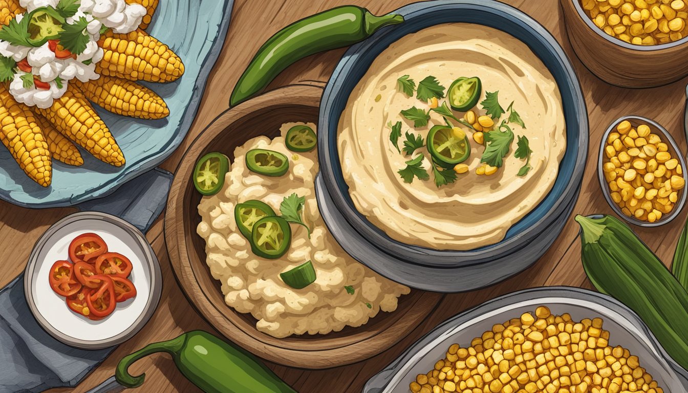 A rustic wooden table with a bowl of creamy cauliflower hummus surrounded by colorful Texas-style toppings like grilled corn, pickled jalapenos, and smoky paprika