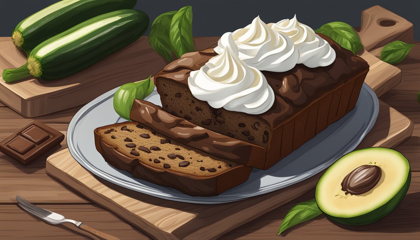 A rustic wooden table with a sliced loaf of chocolate zucchini bread, surrounded by fresh zucchinis and a dollop of whipped cream