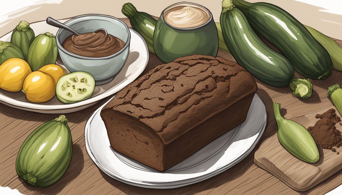 A rustic kitchen table displays a loaf of chocolate zucchini bread, surrounded by fresh zucchinis, cocoa powder, and a handwritten recipe card