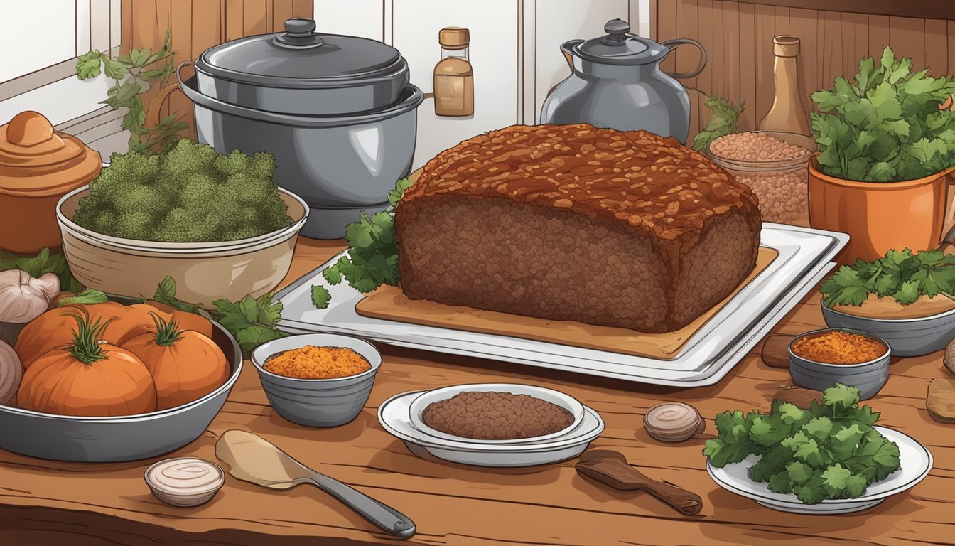 A rustic kitchen scene with a wooden table set with a hearty meatloaf, surrounded by ingredients like ground beef, onions, and spices