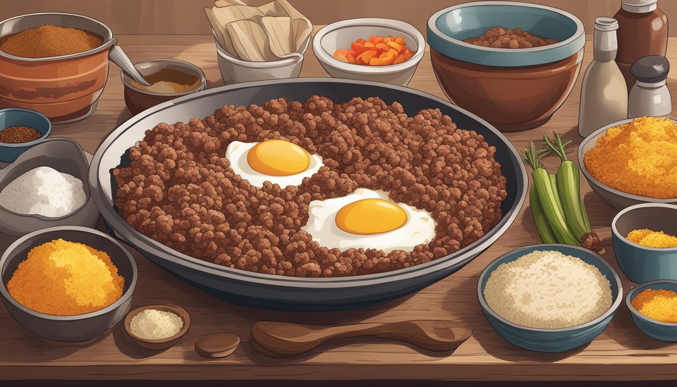 A rustic kitchen counter with a mixing bowl filled with ground beef, breadcrumbs, eggs, and spices, surrounded by ingredients like onions, peppers, and barbecue sauce