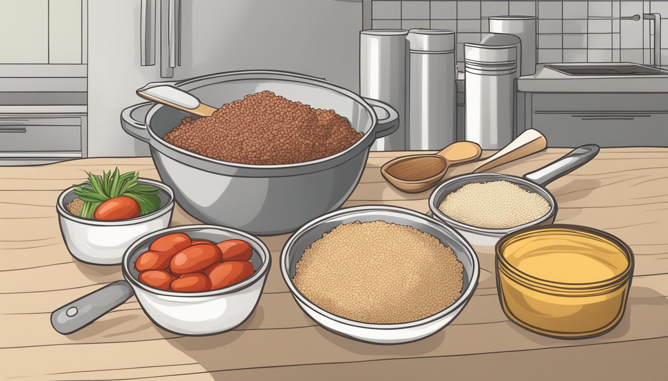 A kitchen counter with ingredients like ground beef, breadcrumbs, onions, and ketchup. A mixing bowl and a wooden spoon are ready for preparation