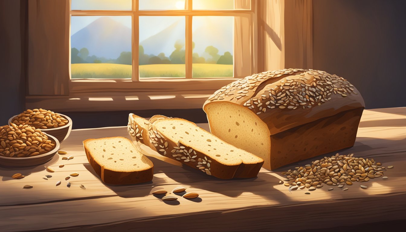 A rustic wooden table with a loaf of sassy seed bread, surrounded by scattered seeds, nuts, and grains. Sunlight streams in from a nearby window, casting warm shadows on the scene