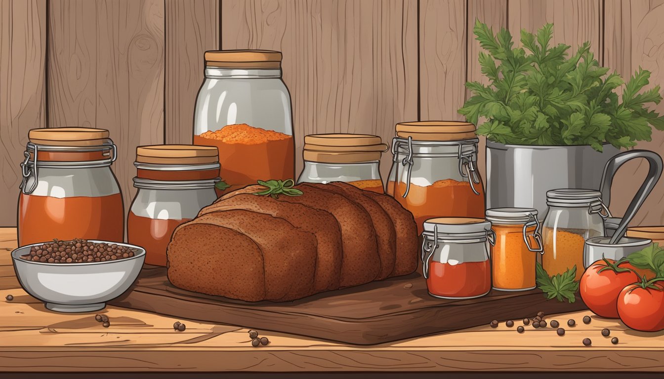 A rustic kitchen with a bubbling pot of tangy tomato glaze, surrounded by jars of spices and a slab of seasoned meatloaf on a wooden cutting board