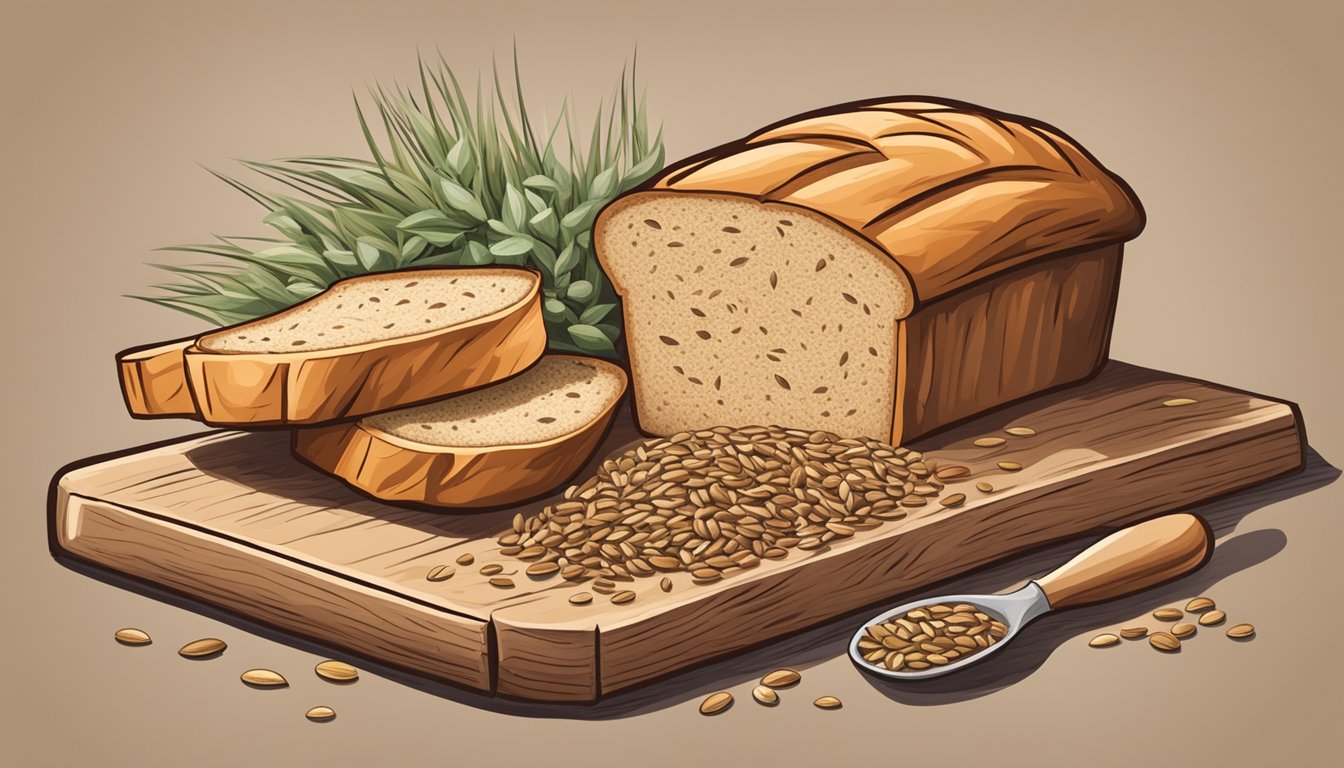 A rustic wooden table with a loaf of sassy seed bread, surrounded by ingredients like sunflower seeds, chia seeds, and flax seeds