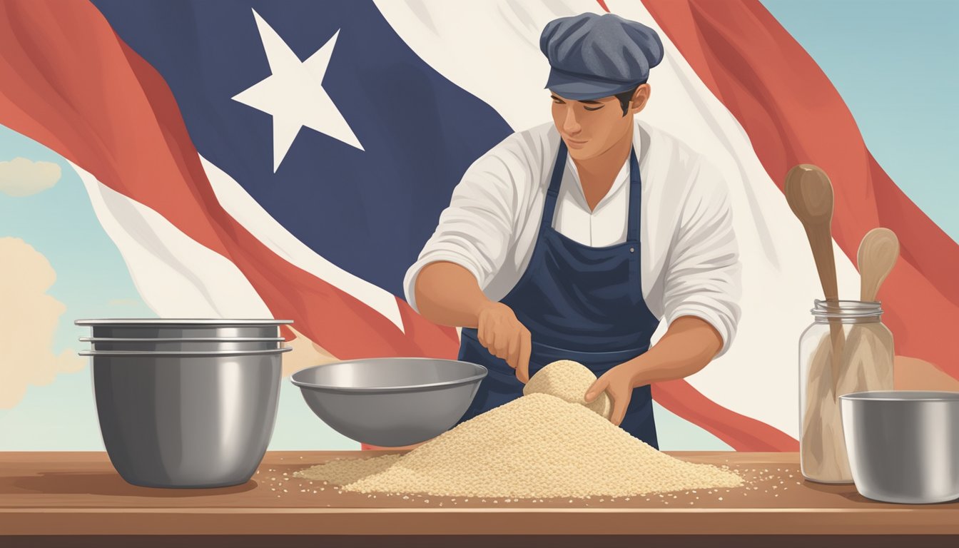 A baker carefully kneads gluten-free dough, adding sassy seeds for texture, with a Texas flag hanging in the background