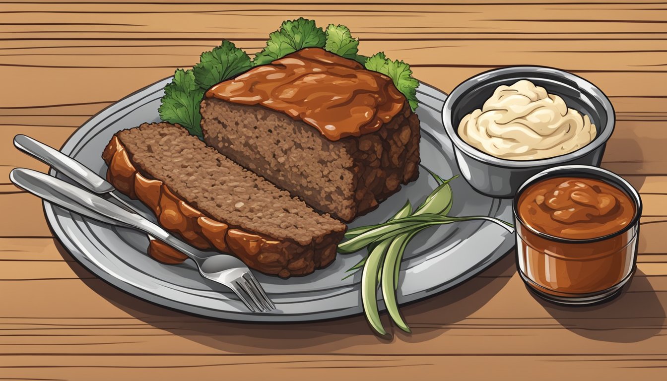 A rustic wooden table set with a platter of savory meatloaf, accompanied by a side of creamy mashed potatoes and a tangy barbecue sauce